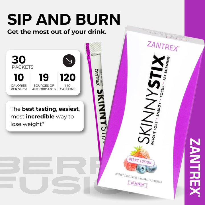 Zantrex SkinnyStix weight loss supplement packaging with text on a white background
