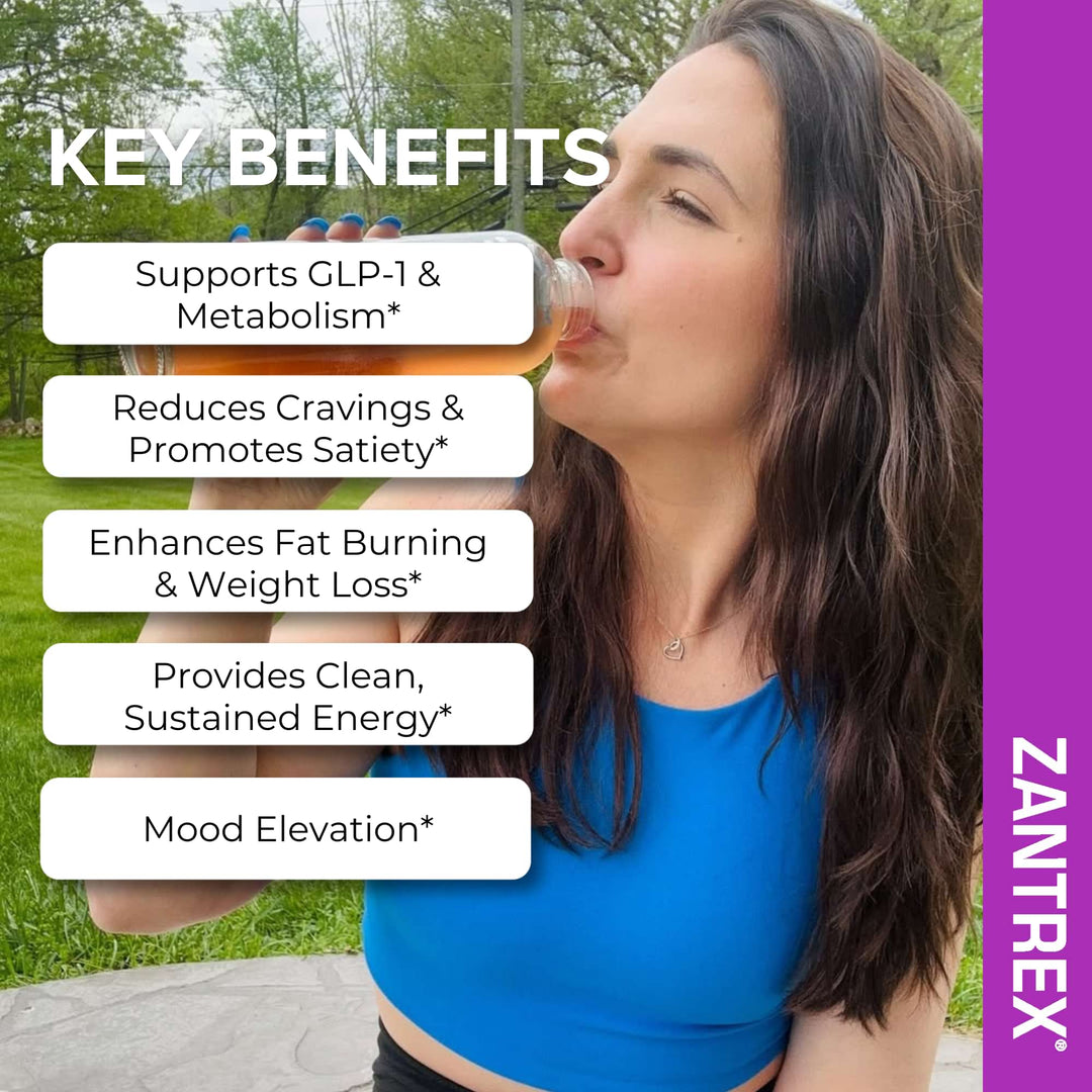 Woman drinking a supplement with key benefits listed and Zantrex branding.