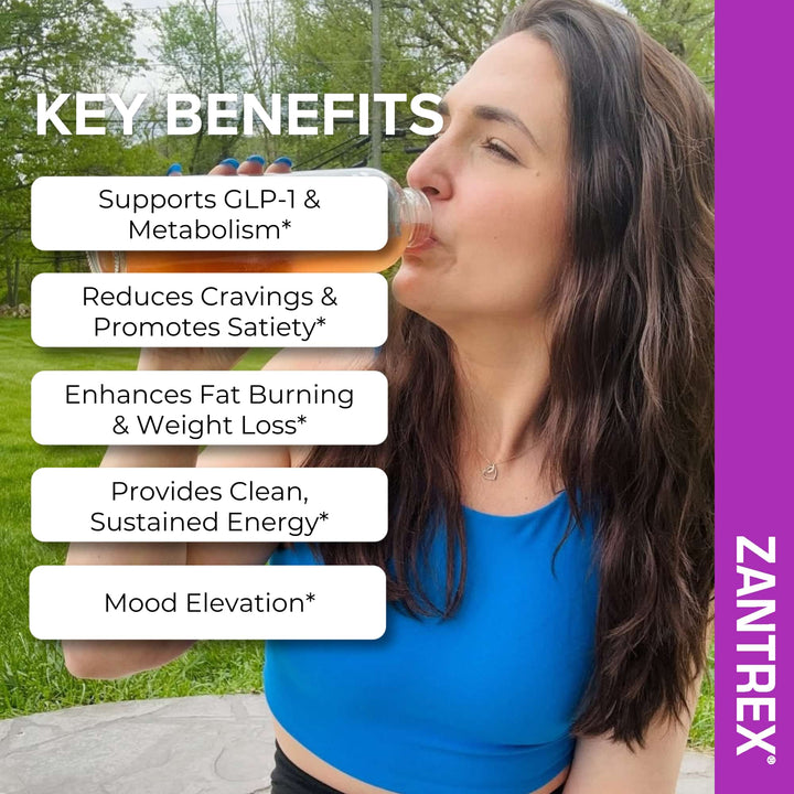 Woman drinking a supplement with key benefits listed and Zantrex branding.