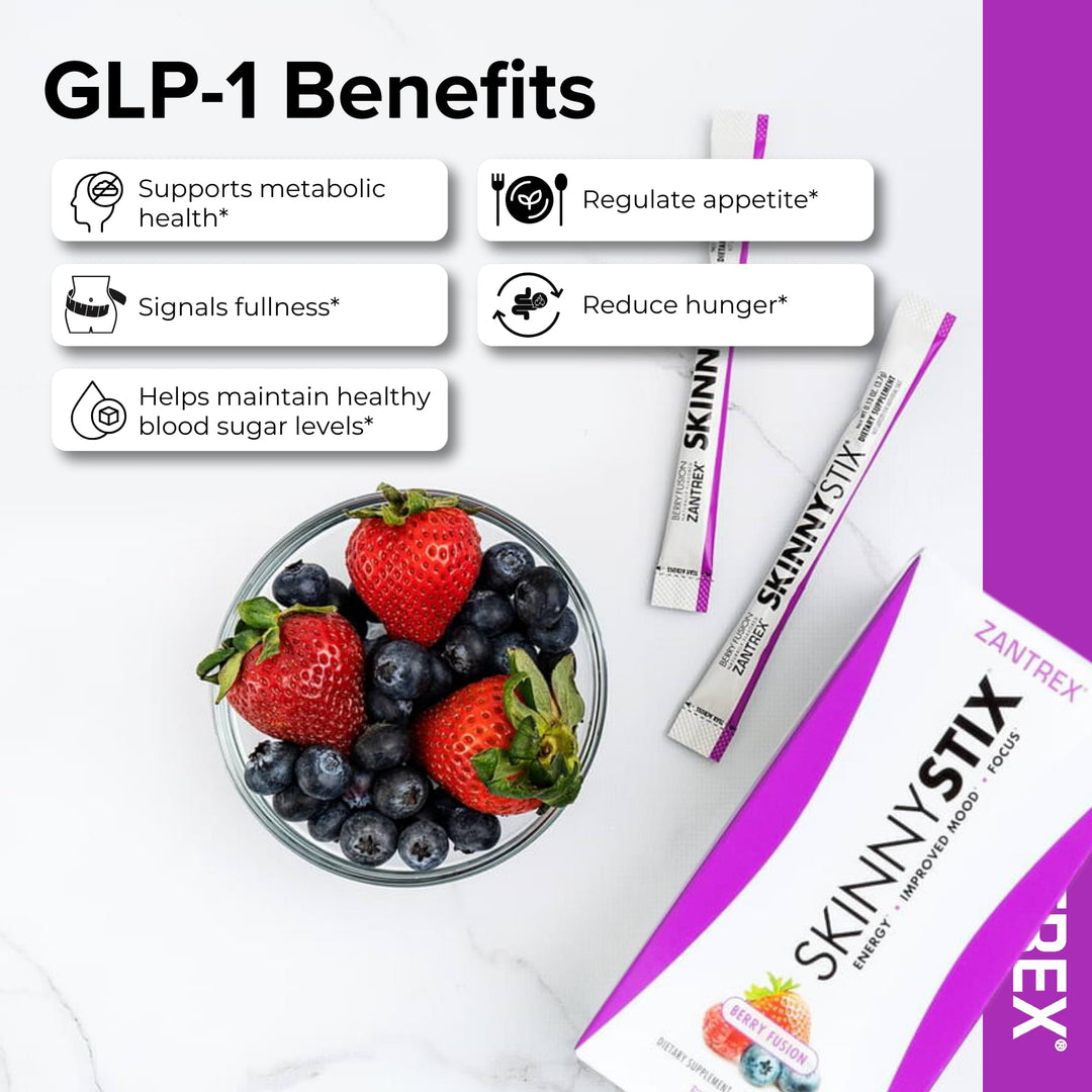 SKINNY STIX package with berries and GLP-1 benefits text on a white background