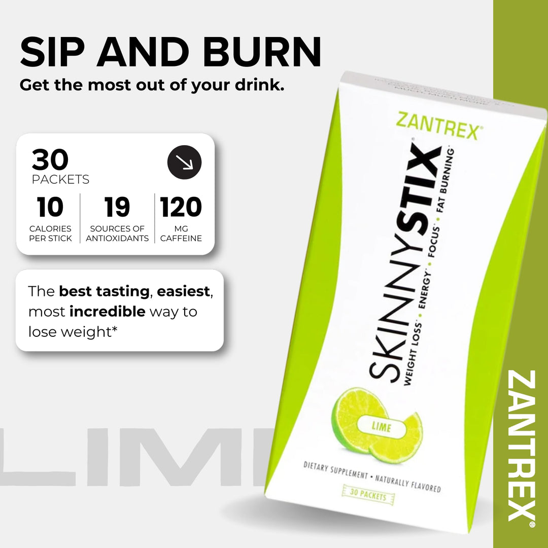 Zantrex SkinnyStix dietary supplement package with lime flavor on a white background