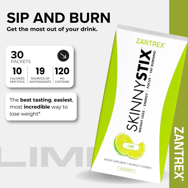 Zantrex SkinnyStix dietary supplement package with lime flavor on a white background