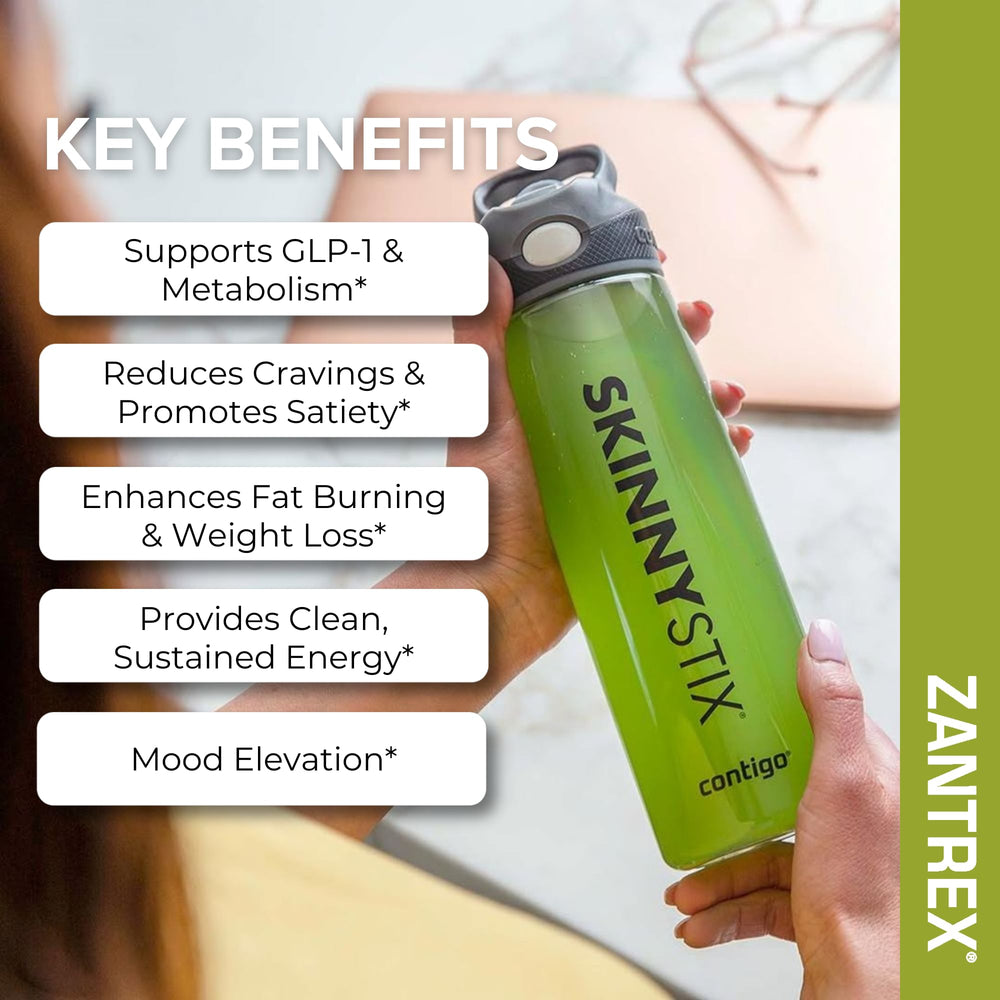 Green Skinny Stix water bottle held by a person with key benefits listed on a white background.