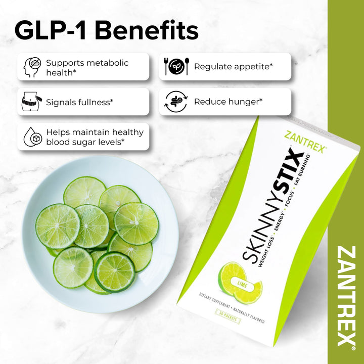 Zantrex Skinnystix package with lime slices and GLP-1 benefits listed on a white background