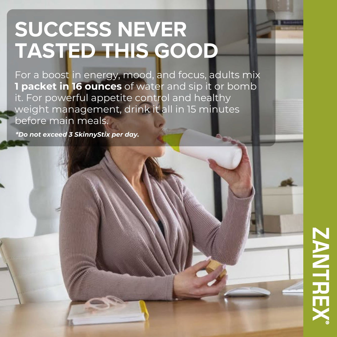 Woman drinking from a bottle with text about Zantrex product, sitting at a desk.