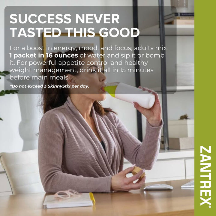 Woman drinking from a bottle with text about Zantrex product, sitting at a desk.