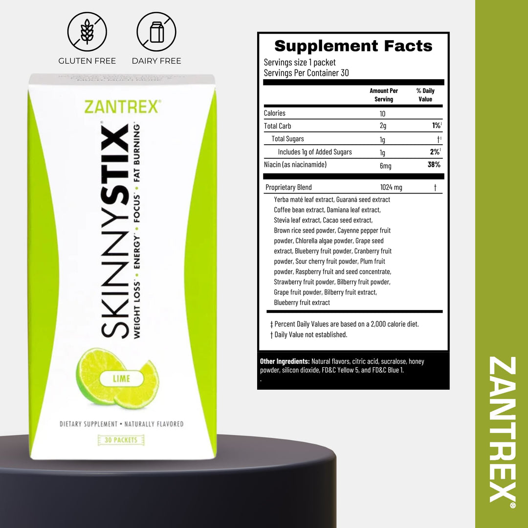 Zantrex SkinnyStix supplement package with nutritional facts on a white background