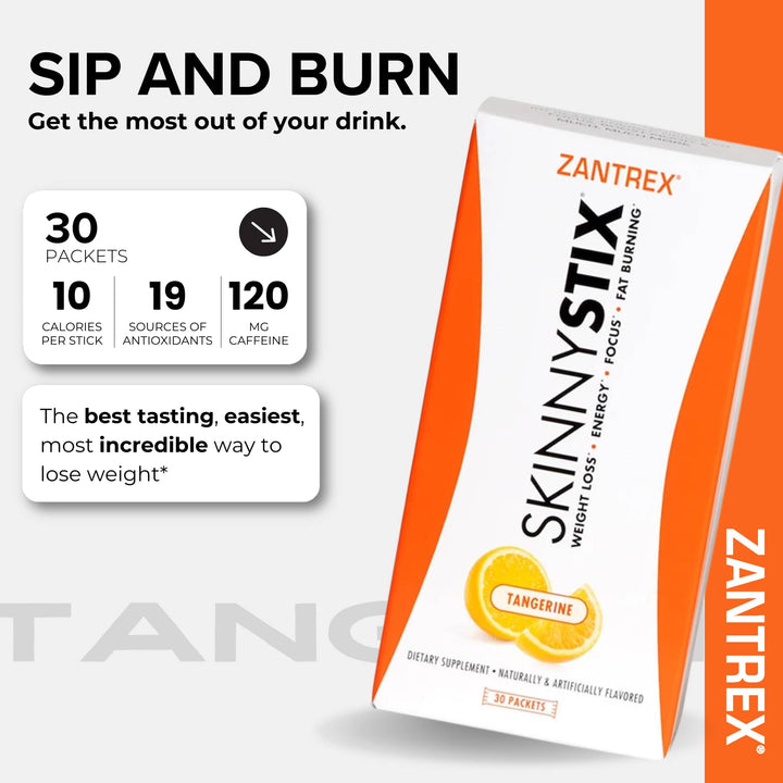 Zantrex SkinnyStix weight loss supplement packaging with orange and white design.