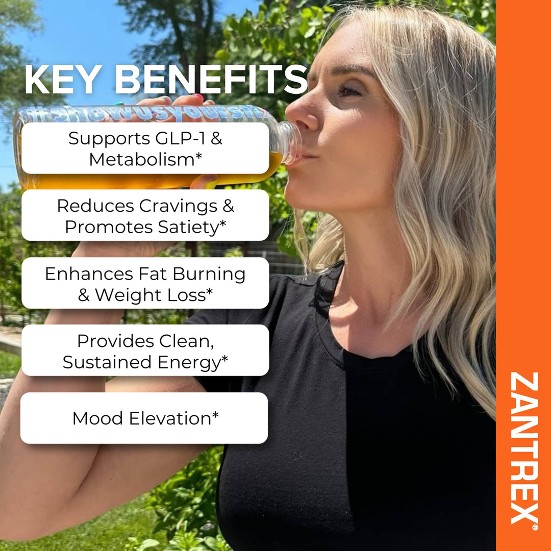 Person drinking from a Zantrex bottle with key benefits listed
