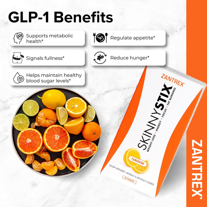 Zantrex Skinnystix package with GLP-1 benefits text and fruit illustration on a white background