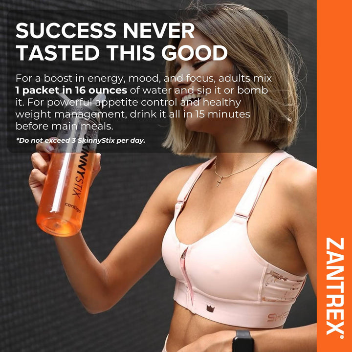 Woman holding a bottle of Zantrex product with promotional text on a dark background