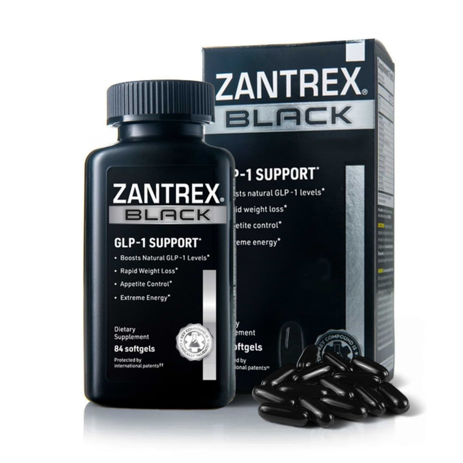 Zantrex Black GLP-1 Support supplement bottle and packaging on a white background