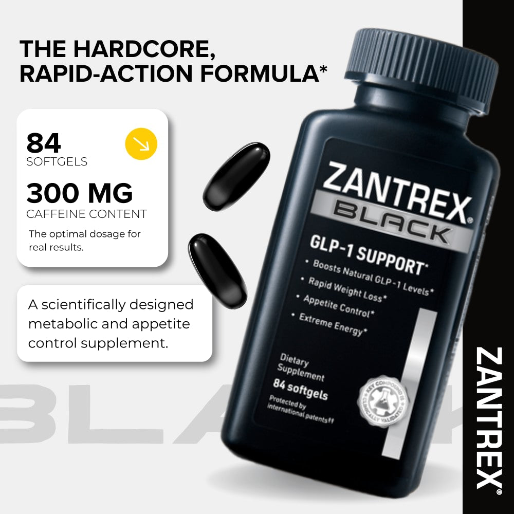 Zantrex Black supplement bottle with text highlighting features and benefits on a white background