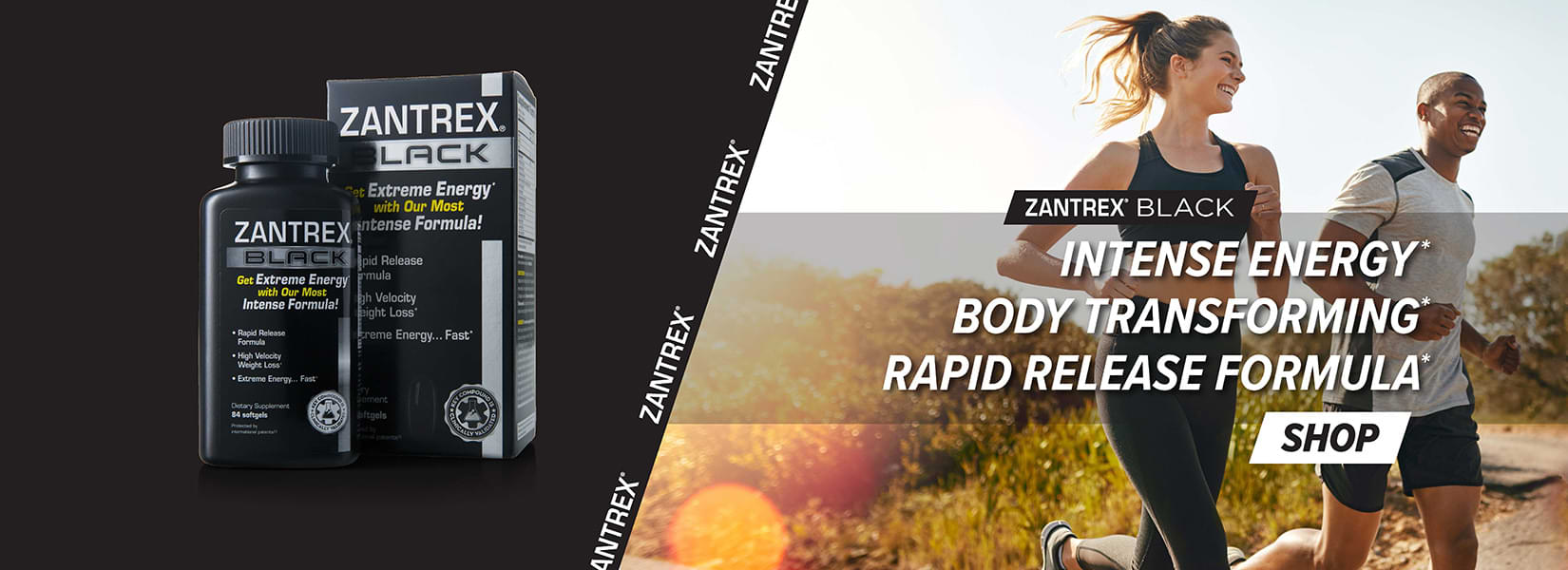 Zantrex Black, intense energy, body transforming, rapid release formula.