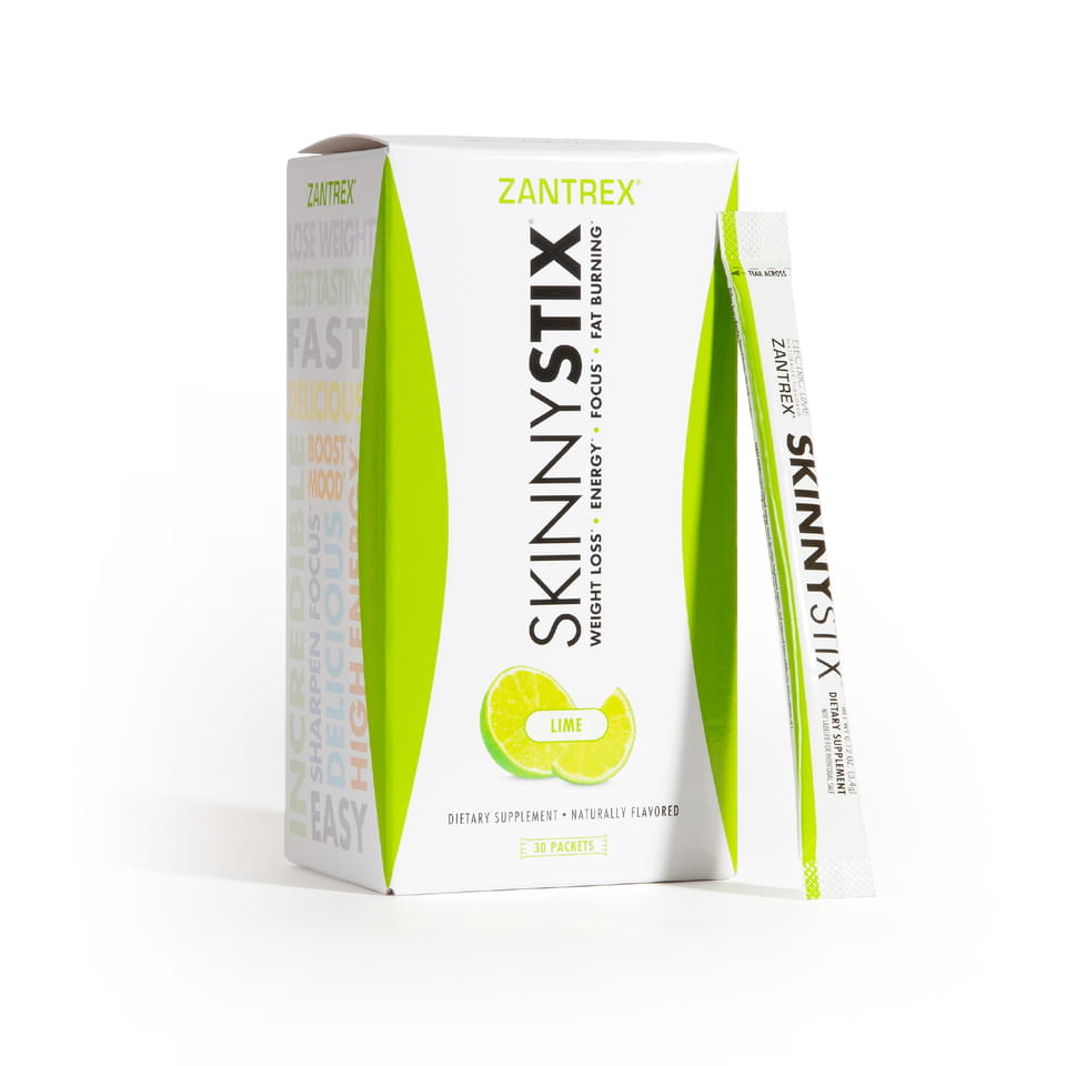 Box of SkinnyStix Zantrex dietary supplement with lime flavor on a white background