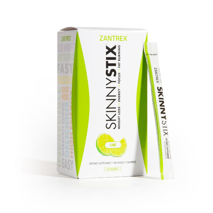 Box of SkinnyStix Zantrex dietary supplement with lime flavor on a white background