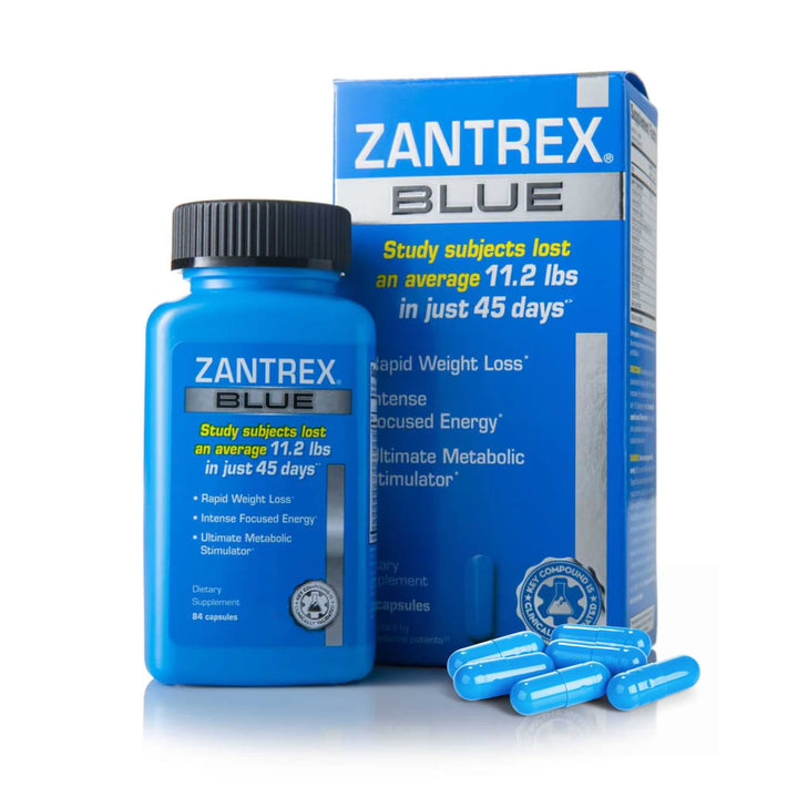 Zantrex Blue supplement bottle and packaging on a white background