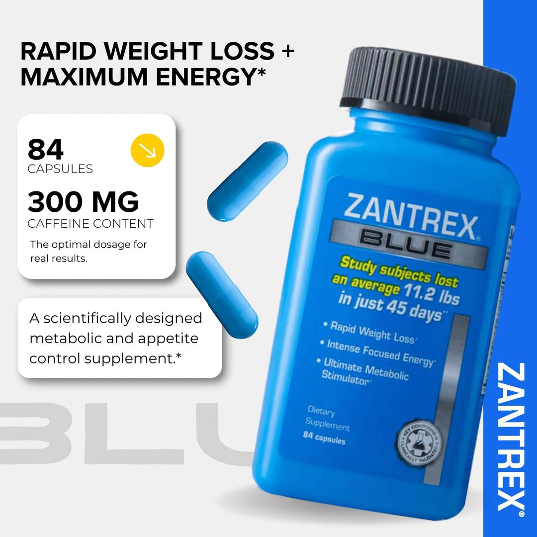 Zantrex Blue dietary supplement bottle and capsules showing 300 mg caffeine content for rapid weight loss and maximum energy.