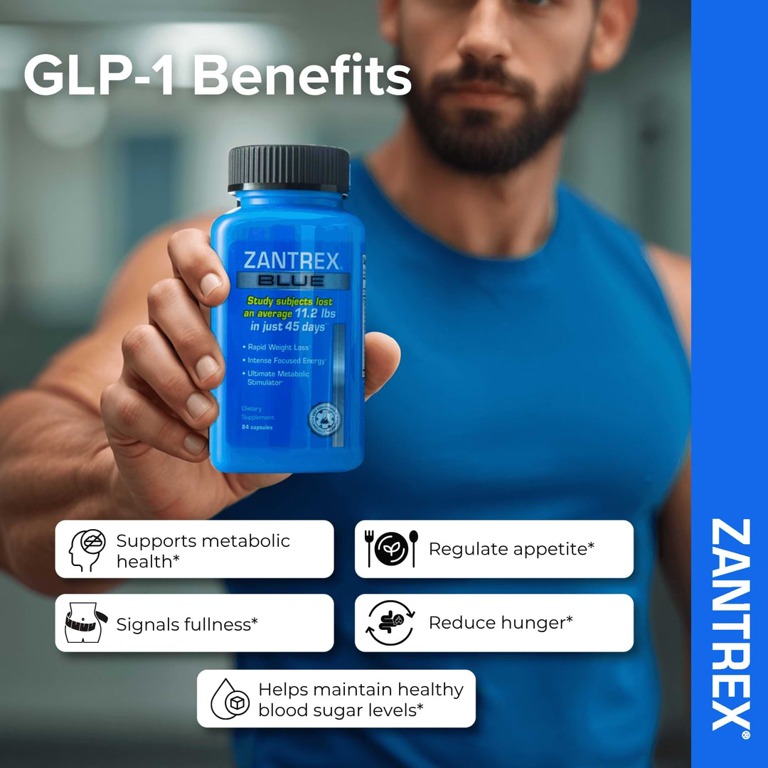 Person holding a Zantrex Blue bottle with GLP-1 benefits text and icons.