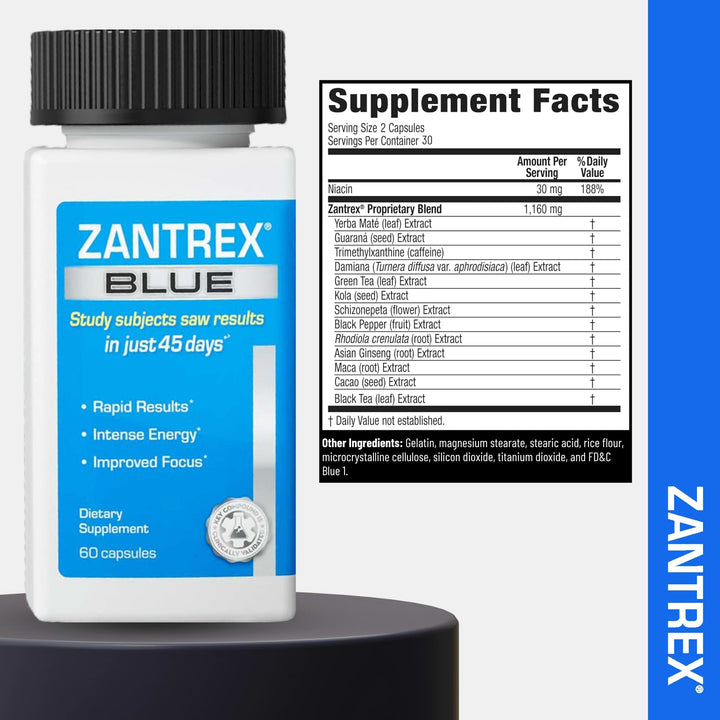 Zantrex Blue supplement bottle with label and supplement facts on a white background
