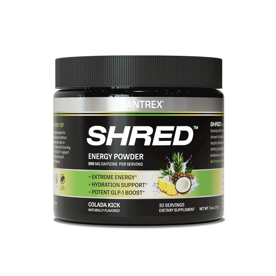 Shred energy powder container with Antrex branding on a white background