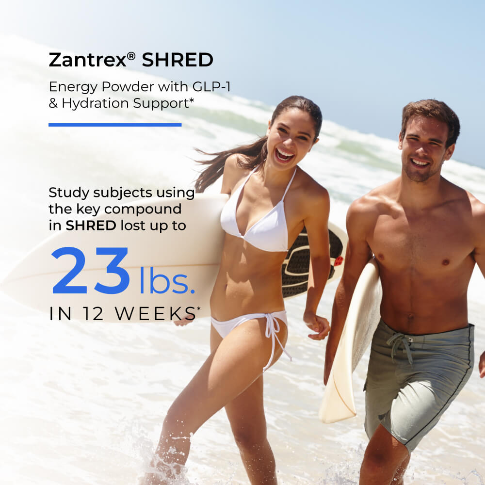Couple running on a beach with Zantrex SHRED advertisement text overlay.