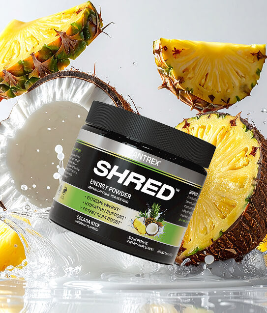 Zantrex Shred energy powder jar surrounded by pineapple slices and a coconut on a light gray background