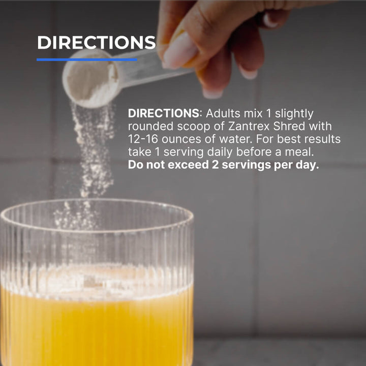 Hand pouring powder into a glass of orange juice with product directions overlayed.
