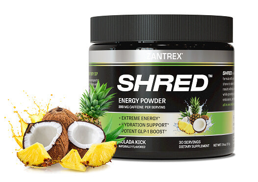Zantex Shred energy powder supplement with coconut and pineapple on a white background