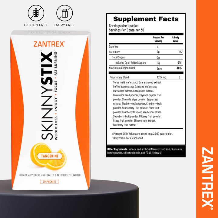 Zantrex Skinny Stix supplement package with nutritional information on a white background