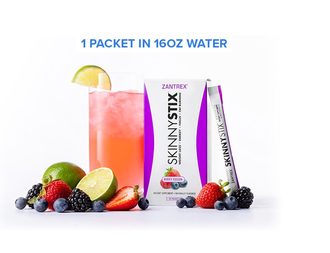 Zantrex SkinnyStix with a glass of fruit juice and fruits on a white background