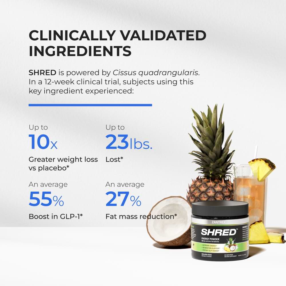 Product container with clinical trial results and ingredients on a white background