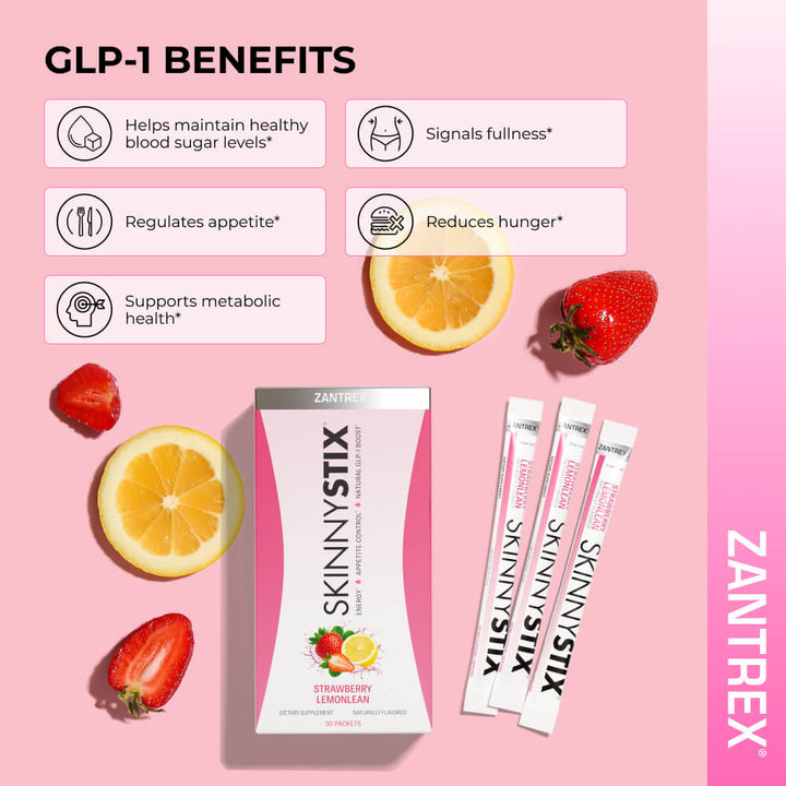 Zantrex SkinnyStix GLP-1 benefits: supports healthy blood sugar, metabolic health, appetite regulation, and reduced hunger. Includes Strawberry Lemonlean product and fruit.