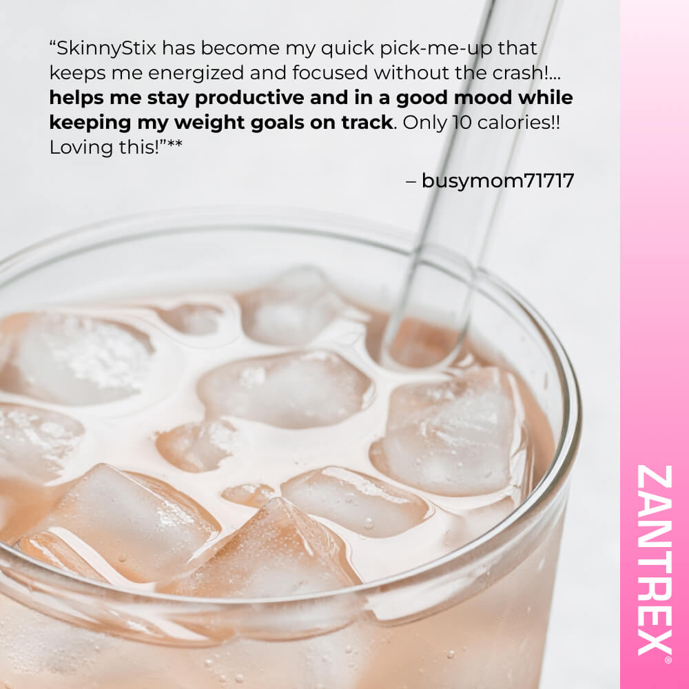 Customer review for Zantrex SkinnyStix featuring a 10-calorie iced drink. User busymom71717 highlights clean energy, mood boosting, and productivity while maintaining weight goals.