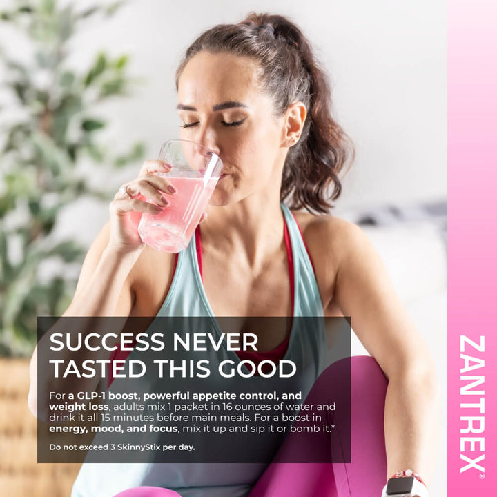 Woman drinking Zantrex SkinnyStix. Instructions: mix 1 packet in 16oz of water 15 minutes before meals for GLP-1 boost, appetite control, and weight loss. Do not exceed 3 per day.