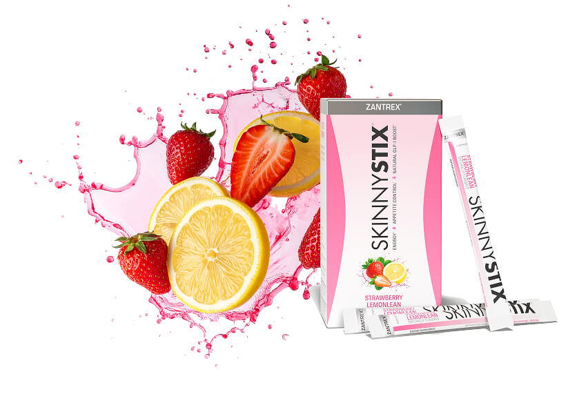 Zantrex SkinnyStix Strawberry LemonLean flavor packaging with strawberries and lemons on a white background
