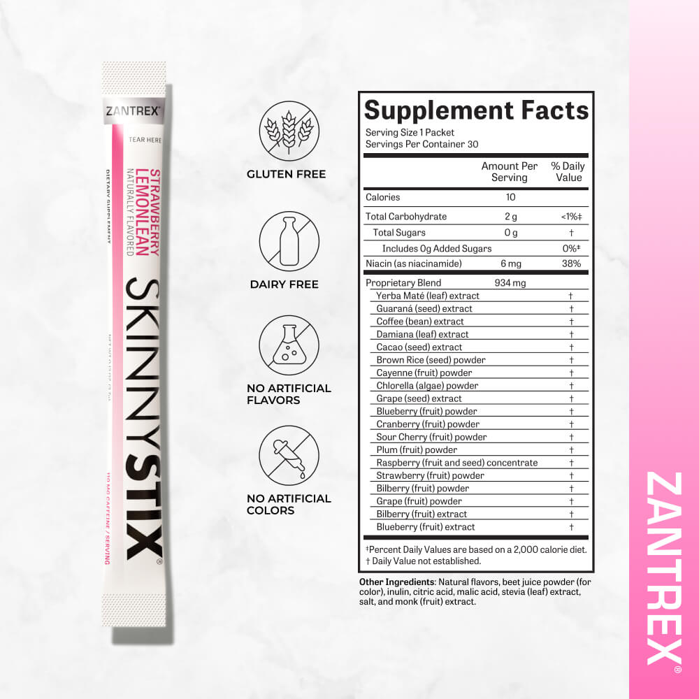 Zantrex SkinnyStix Supplement Facts: 10 calories, gluten-free, dairy-free, no artificial flavors/colors. Contains a proprietary blend of Yerba Maté, Guarana, and antioxidant fruit extracts.