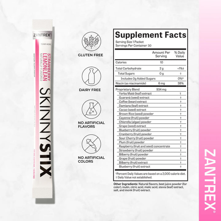 Zantrex SkinnyStix Supplement Facts: 10 calories, gluten-free, dairy-free, no artificial flavors/colors. Contains a proprietary blend of Yerba Maté, Guarana, and antioxidant fruit extracts.