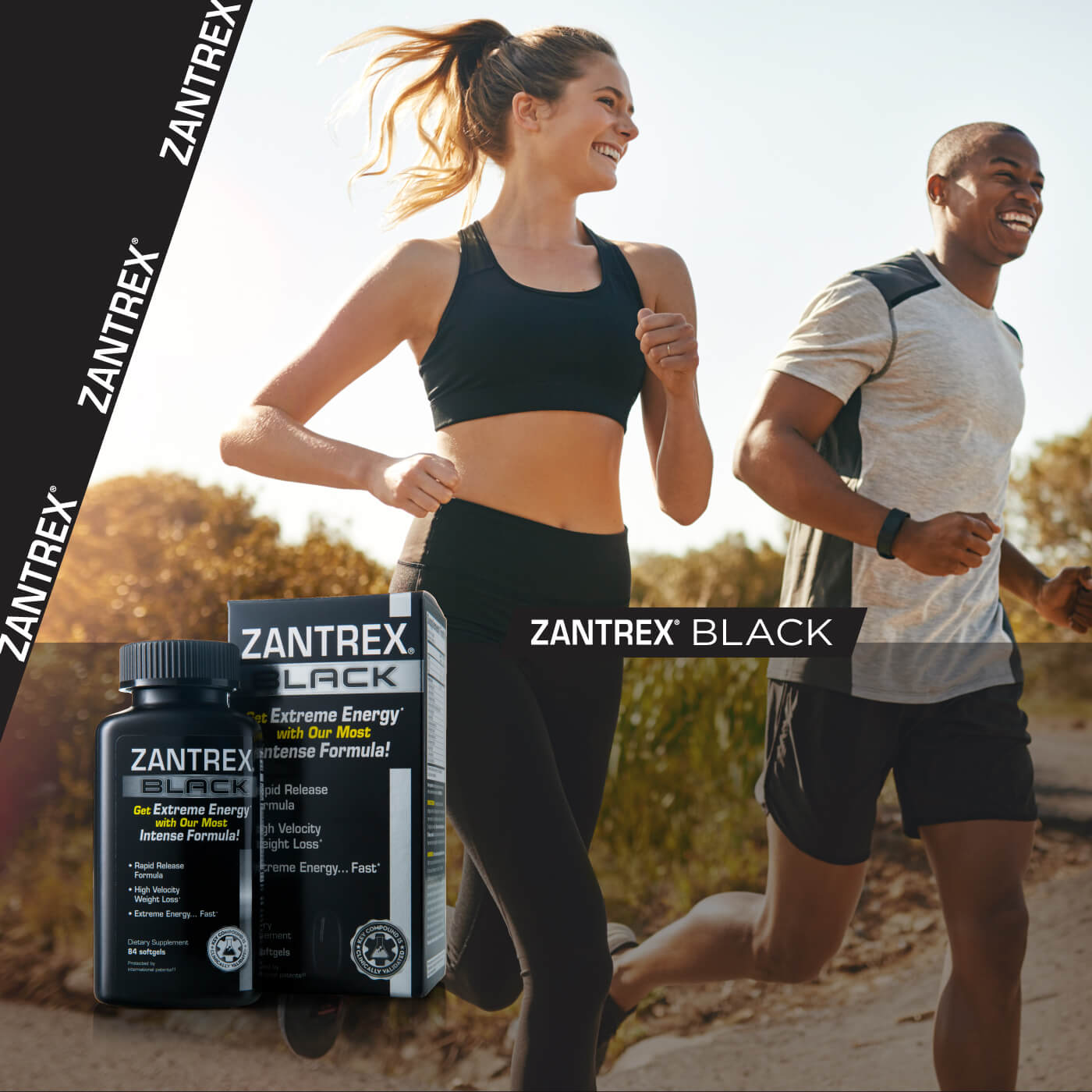 Zantrex Black supplement packaging with a blurred background of two people running outdoors.