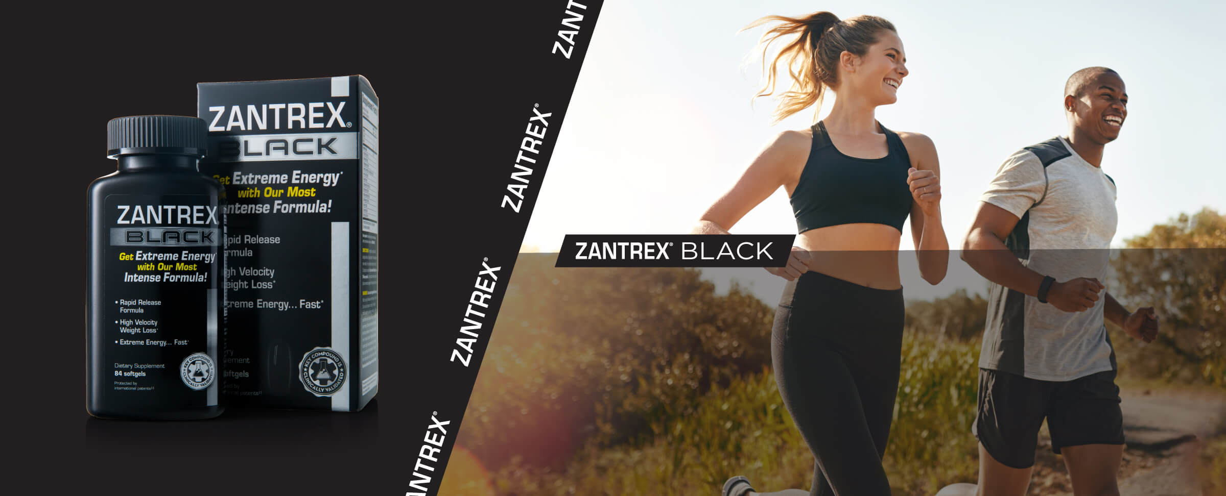 Zantrex Black supplement packaging with a blurred background of two people running outdoors.