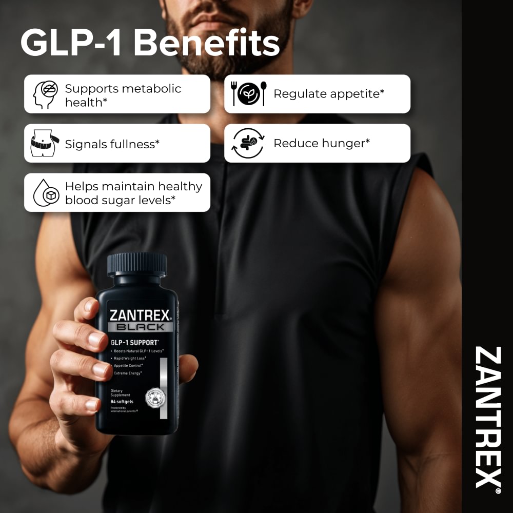 Man holding a Zantrex GLP-1 support supplement with text about GLP-1 benefits on a dark background.