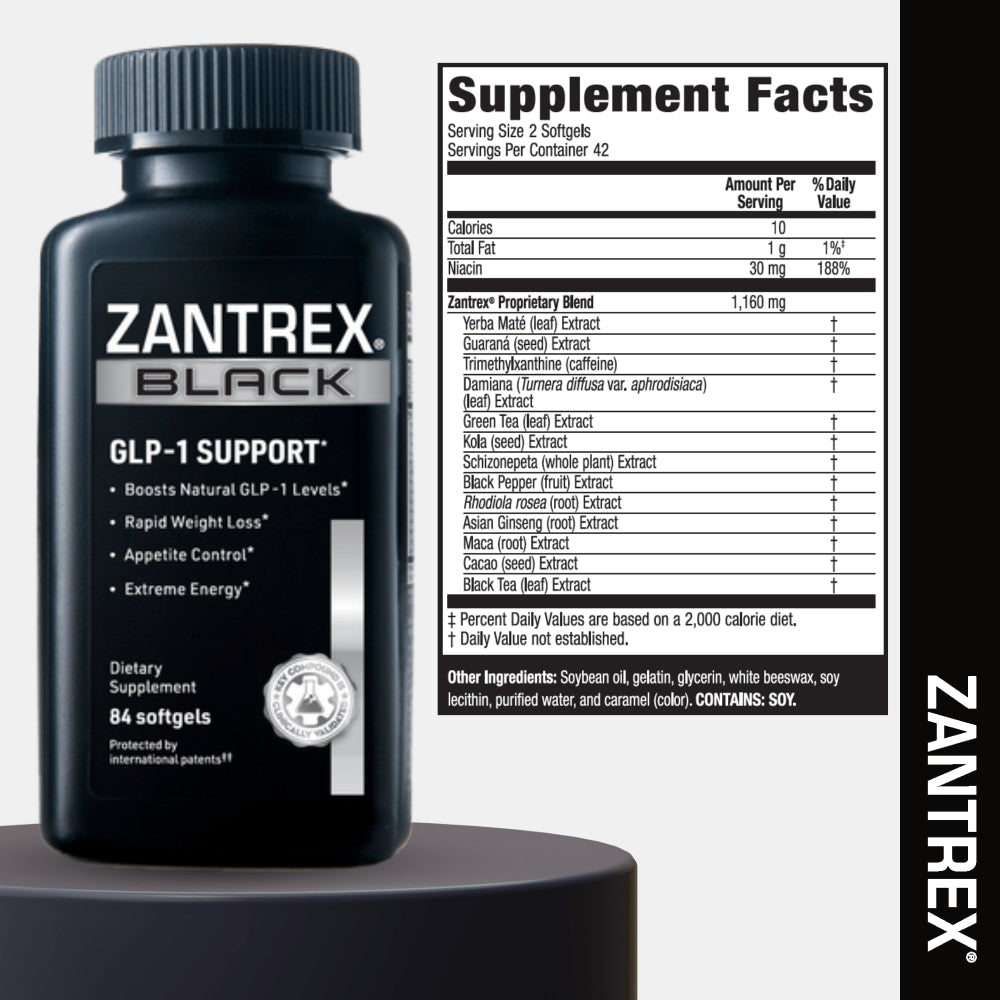 Zantrex Black GLP-1 Support supplement bottle with label on a black background