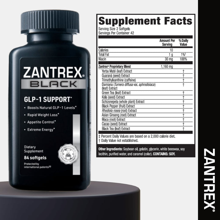 Zantrex Black GLP-1 Support supplement bottle with label on a black background