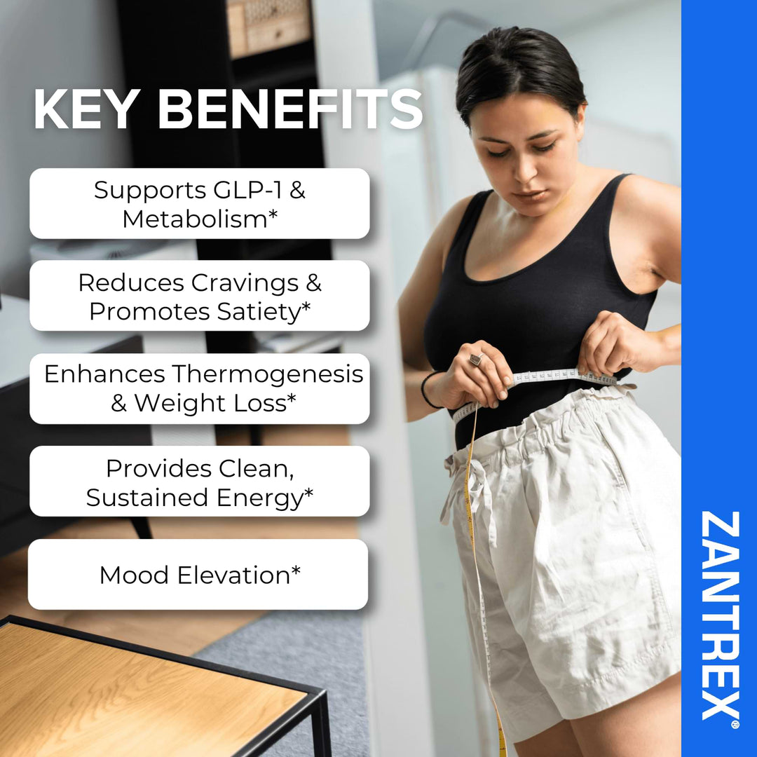 Woman measuring herself with Zantrex key benefits listed on a white background