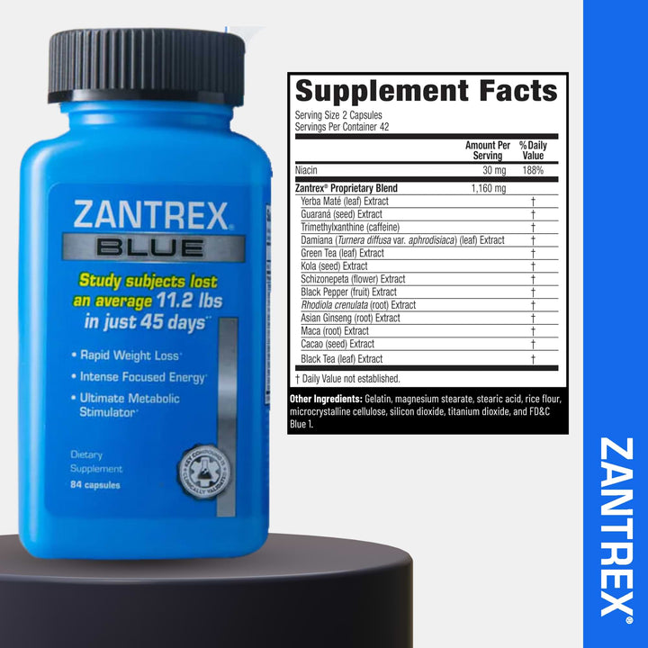 Zantrex Blue supplement bottle with label and supplement facts on a white background