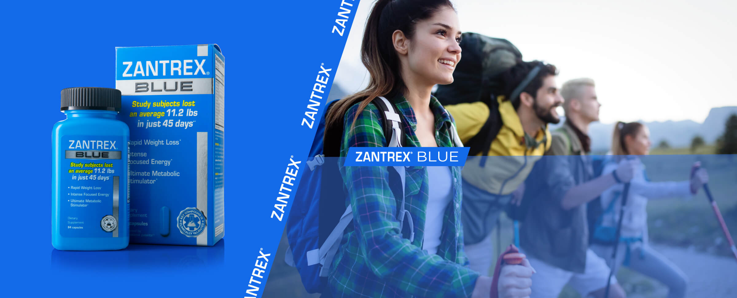 Zantrex Blue supplement packaging with a family hiking in the background
