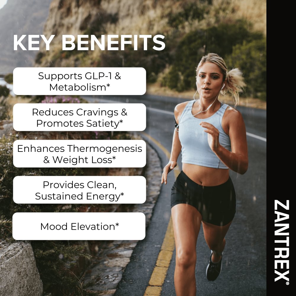 Woman running on a road with Zantrex key benefits text overlay
