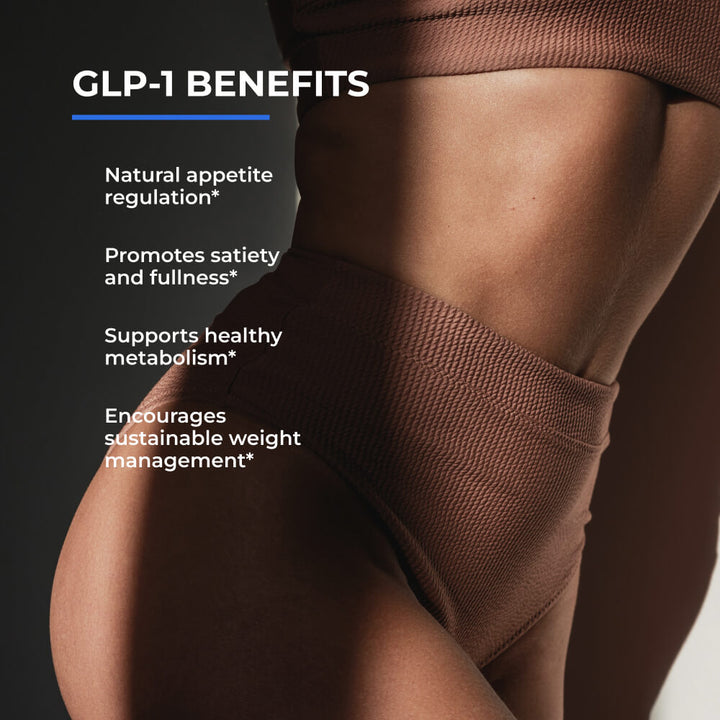GLP-1 benefits text overlay on a person wearing brown compression shorts.