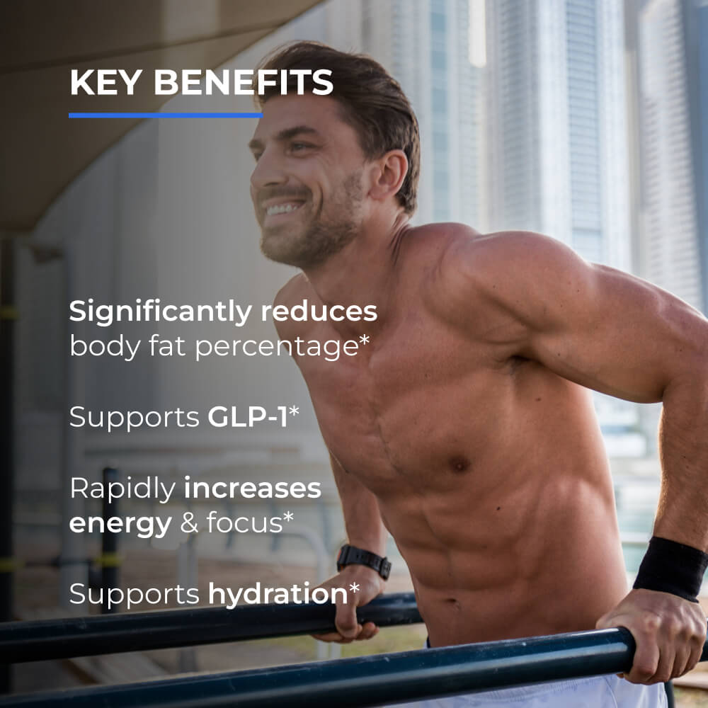 Man exercising outdoors with key benefits text overlay