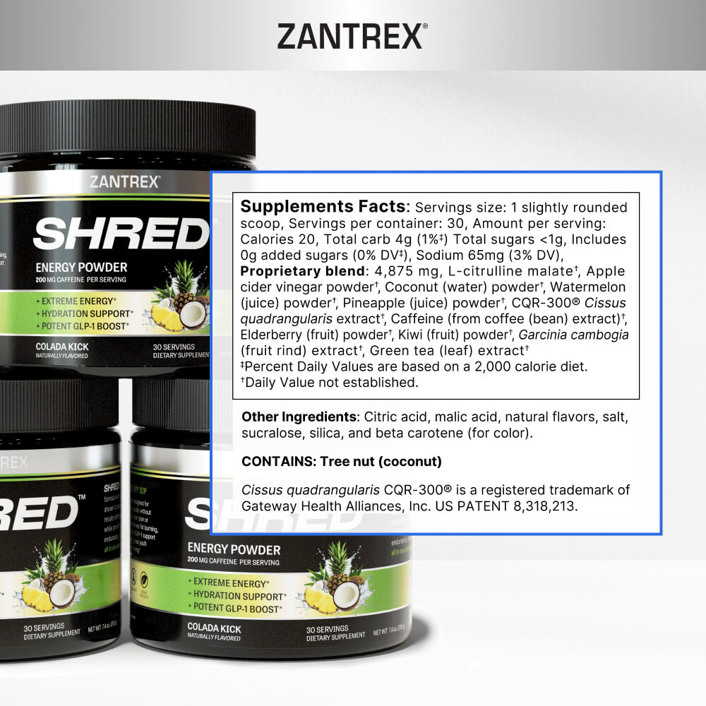 Zantrex Shred energy powder containers with supplement facts label on a gray background